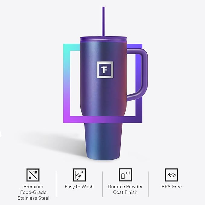 IRON °FLASK Co-Pilot Insulated Mug w/Straw & Flip Cap Lids - Cup Holder Bottle for Hot, Cold Drink - Leak-Proof- Water, Coffee Portable Travel Tumbler - Lavender, 40 Oz - Image 5