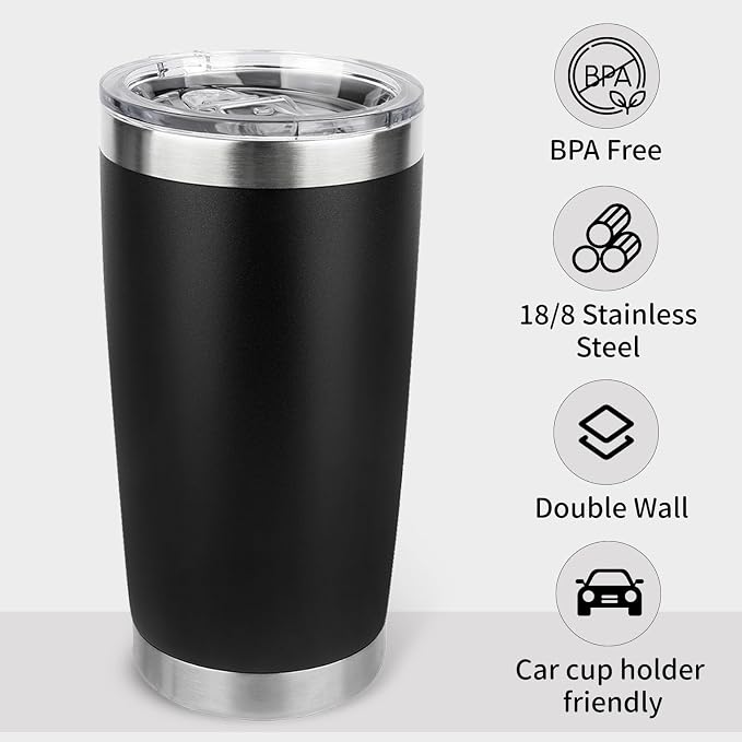 20oz Stainless Steel Tumbler Bulk with Lid, Travel Mug - Double Wall Vacuum Powder Coated Cup - Black, 6 Pack - Image 4