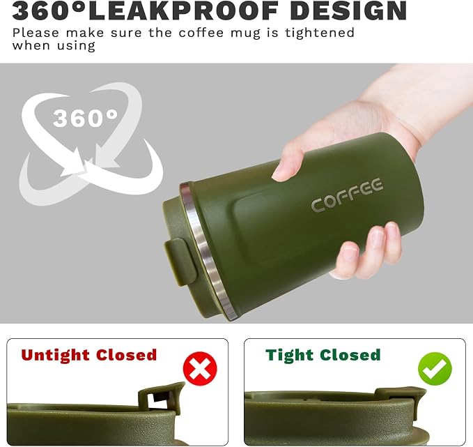 YINBAOGE Insulated Travel Coffee Mug, Spill & Leak Proof, Portable To Go Camping Stainless Steel Coffee Tumbler, Reusable Thermal Coffee Cup with Lid for Hot & Cold Drinks (2nd-Green, 12 OZ) - Image 5
