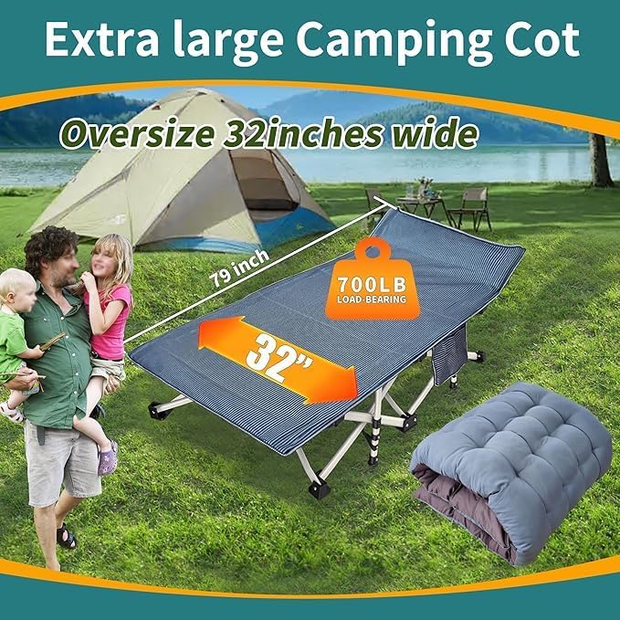 Oversize 32" Camping Cot with Mattress, 900LBS Camping cots for Adults - Image 3