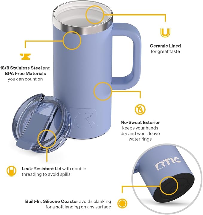RTIC 16oz Road Trip Travel Mug with Lid and Handle, Ceramic Lined, Insulated, Stainless Steel, Metal, Double Wall Vacuum-Insulation, Portable Coffee, Tea Cup for Hot and Cold Drink, Periwinkle - Image 3