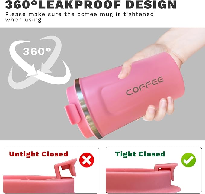 YINBAOGE Insulated Travel Coffee Mug, Spill & Leak Proof, Portable To Go Camping Stainless Steel Coffee Tumbler, Reusable Thermal Coffee Cup with Lid for Hot & Cold Drinks (2nd-Pink, 17 OZ) - Image 5