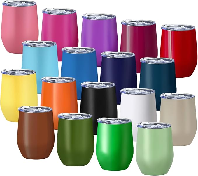 YOUKE OLA 18 Pack Stainless Steel Wine Tumbler with lid, 12oz Insulated Wine Tumbler Stemless Double Wall Vacuum Wine Glass Coffee Tumbler Bulk for Coffee, Wine, Cocktails, Champaign, 18 Colors by YOUKEOLA