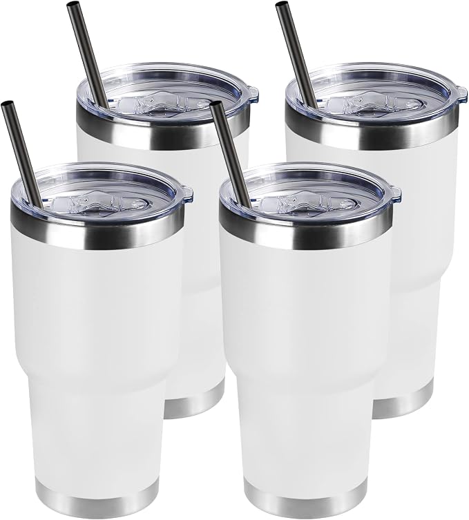 DOMICARE 30 oz Tumbler with Lid and Straw, Stainless Steel Tumblers Bulk, Insulated Vacuum Double Wall Travel Coffee Mug, Durable Powder Coated Tumbler Cups (White, 4) by VisittheDOMICARE