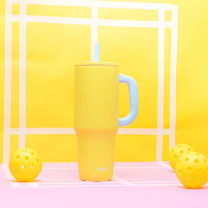 Zak Designs Sutton Travel Tumbler for On the Go, 40oz Stainless Steel with Vacuum Insulation, Silicone Straw, and Carry Handle for Cold Drinks (Sunflower Yellow) - Image 7