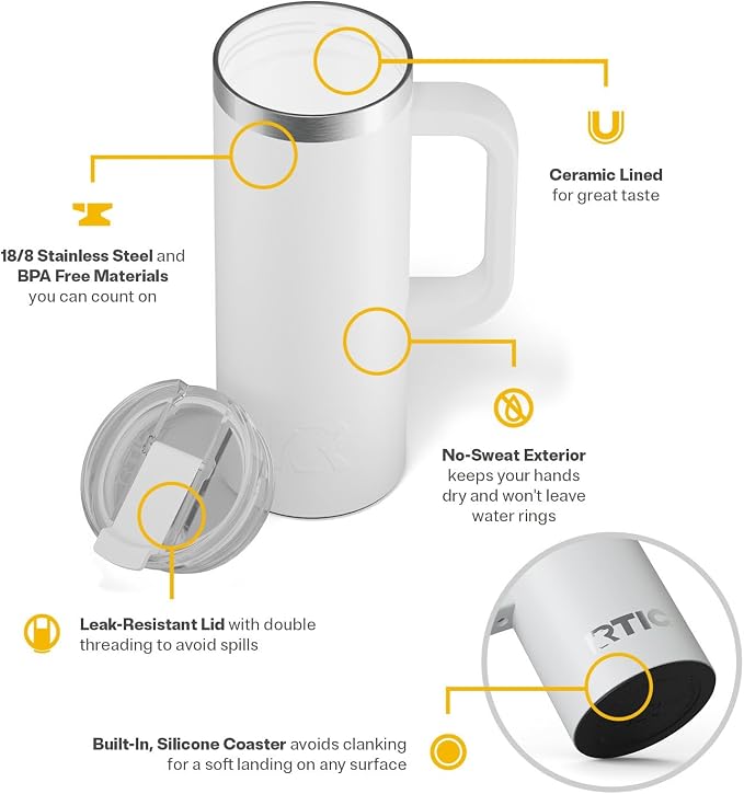 RTIC 20oz Road Trip Travel Mug with Lid and Handle, Ceramic Lined, Insulated, Stainless Steel, Metal, Double Wall Vacuum-Insulation, Portable Coffee, Tea Cup for Hot and Cold Drink, Cool Grey - Image 4