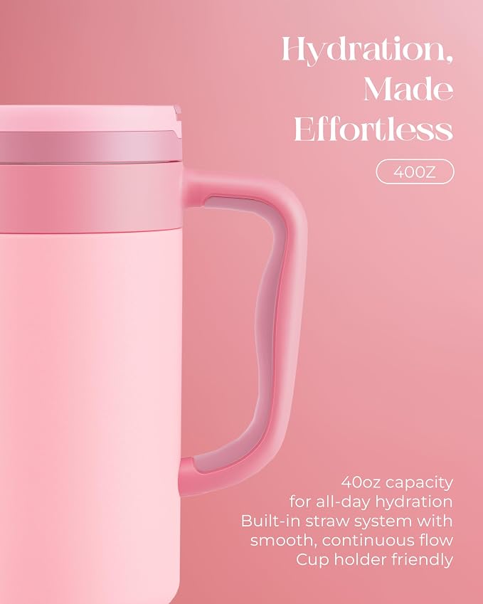40 oz Insulated Tumbler with Handle and Push-Button Straw Lid, Stainless Steel Travel Cup for Gym Office, Leakproof, BPA-Free, Cup Holder Friendly, Bow Silicone Boot, Pink (Rose Quartz) - Image 5