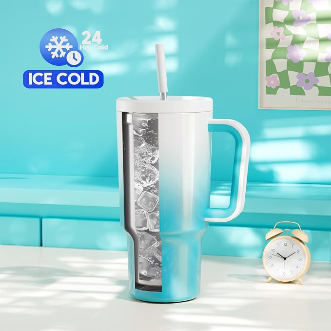 Meoky 30 oz Tumbler with Handle, Tumbler with Lid and Straw, Insulated Stainless Steel Travel Mug, 100% Leak-proof, Cupholder Friendly, Keeps Cold for 24 Hours or Hot for 8 Hours (Azure) - Image 2