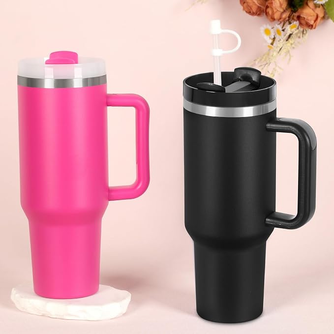 4 Pack 40 Oz Tumblers with Handle Bulk, Double Wall Vacuum Insulated Stainless Steel Tumblers with Lid and Straw, 40 oz Cup with Silicone Spill Proof Stopper Set (Black-2,Hot Pink-2) - Image 3
