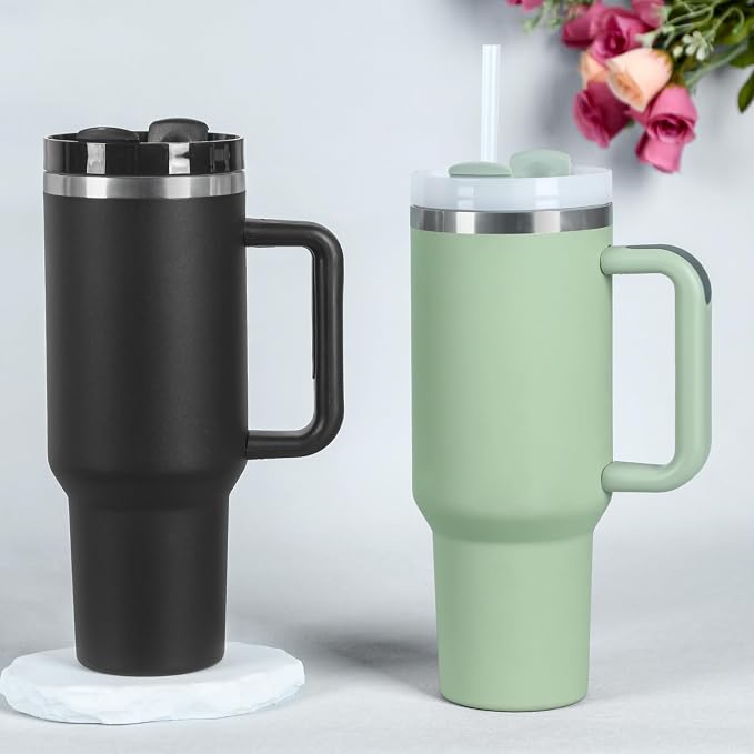 4 Pack 40 Oz Tumbler with Handle Bulk, Double Wall Vacuum Insulated Stainless Steel Tumbler with Lid and Straw, 40 oz cup with Silicone Spill Proof Stopper Set (Black) - Image 2