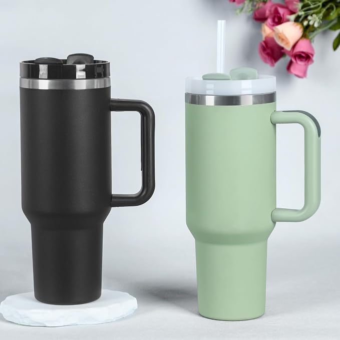 40 Oz Tumbler with Handle, Double Wall Vacuum Insulated Stainless Steel Tumbler with Lid and Straw, 40 oz cup with Silicone Spill Proof Stopper Set (Black-1) - Image 2