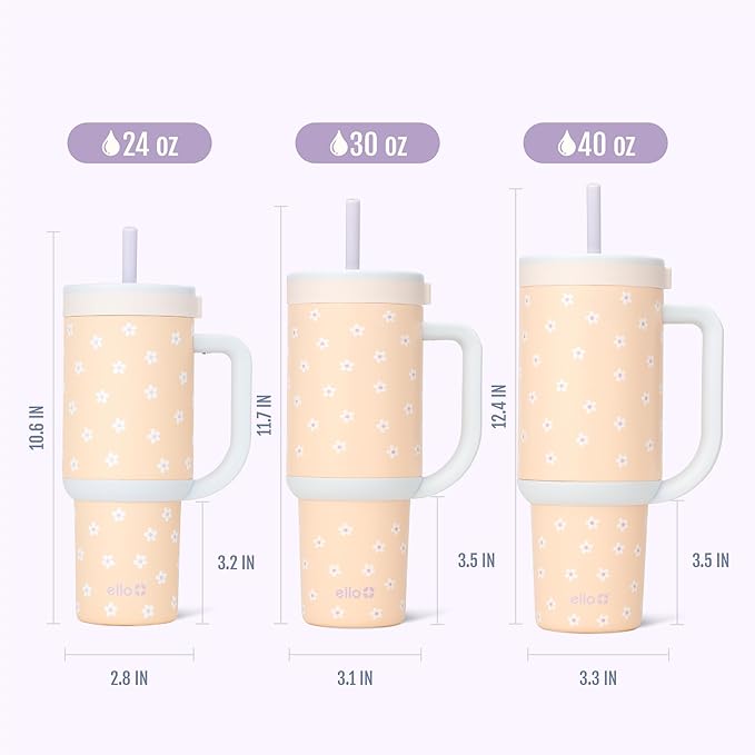 Ello Oasis 40 oz Tumbler with Handle & Retracting Straw | Reusable Insulated Stainless Steel Cup 100% Leakproof, Gifts for Teens Women Men | Keeps cold for 24 Hours, Cup Holder Friendly, Daisies - Image 8