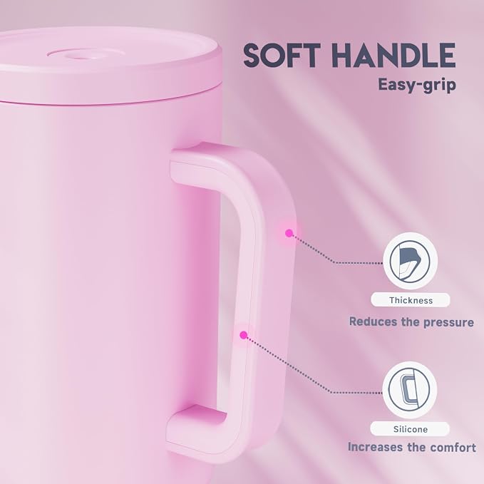 Meoky 40 oz Tumbler with Handle and Straw: Stainless Steel Insulated Tumbler with Lid and Straw - 100% Leak Proof Tumbler for Car Cup Holders - Travelers Commuters Workers, Pink - Image 6