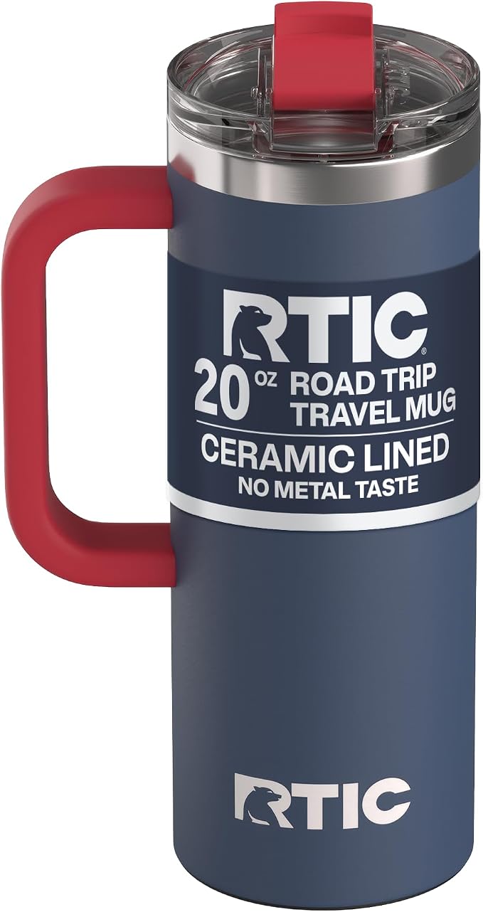 RTIC 20oz Road Trip Travel Mug with Lid and Handle, Ceramic Lined, Insulated, Stainless Steel, Metal, Double Wall Vacuum-Insulation, Portable Coffee, Tea Cup for Hot and Cold Drink, Patriot by RTIC