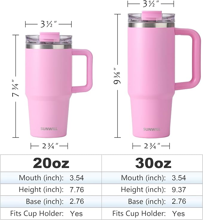 SUNWILL Coffee Tumbler with Handle, 30 oz Travel Mug with Lid and Straw Insulated, Stainless Steel Cup Leak Proof for Travel & Outdoor, Cupholder Friendly, Powder Coated Pink - Image 3