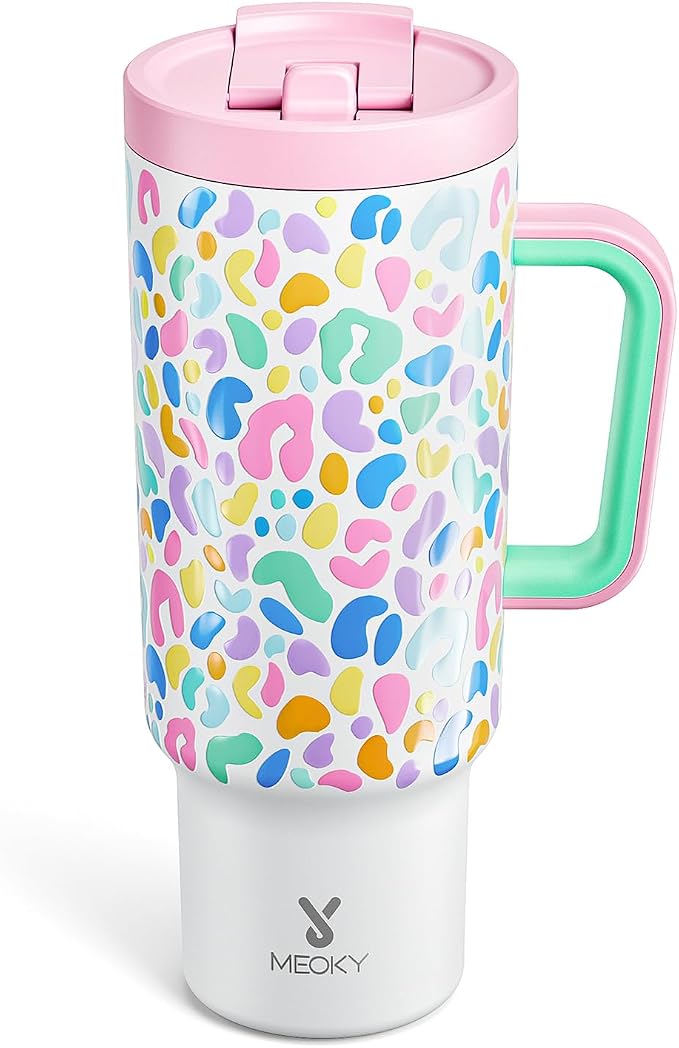 Meoky 40 oz Tumbler with Handle and Flip Straw, 100% Leakproof Tumbler with Lid and Straw, Stainless Steel Insulated Cup, Cupholder Friendly, Keeps Cold for 34 Hours (Leopard) by MEOKY