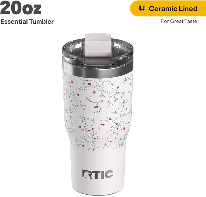 RTIC 20oz Essential Tumbler with Lid, Ceramic Lined, Insulated, Stainless Steel, Metal, Double Wall Vacuum-Insulation, Travel Cup for Iced Coffee, Tea, Hot and Cold Drink, Mistletoe - Image 2