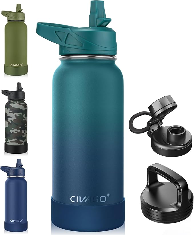 CIVAGO 32 oz Insulated Water Bottle With Straw, Stainless Steel Sports Water Cup Flask with 3 Lids (Straw, Spout and Handle Lid), Wide Mouth Travel Thermal Mug, Dark Night by CIVAGO