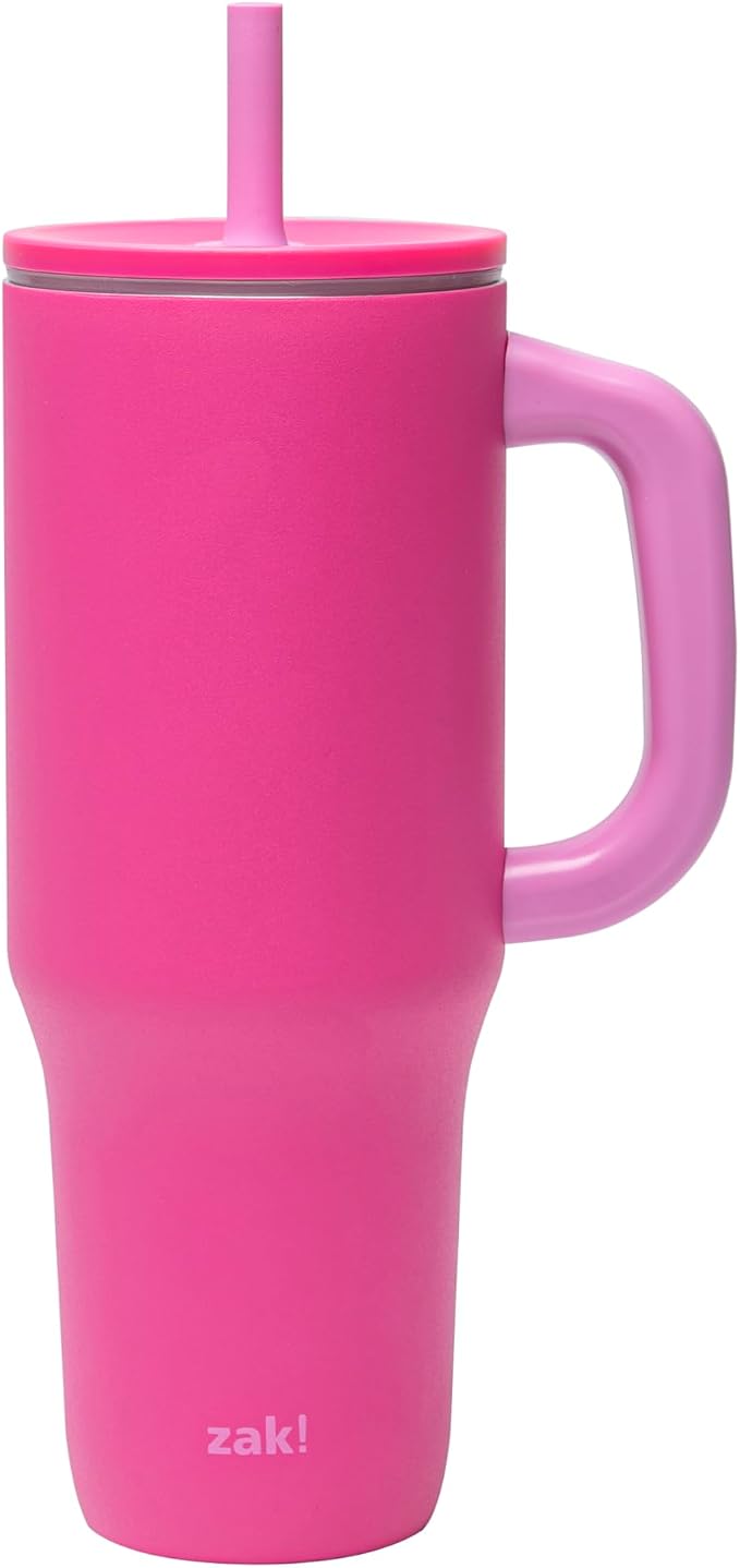 Zak Designs Sutton Travel Tumbler for On the Go, 40oz Stainless Steel with Vacuum Insulation, Silicone Straw, and Carry Handle for Cold Drinks (Razzberry Pink) by ZakDesigns