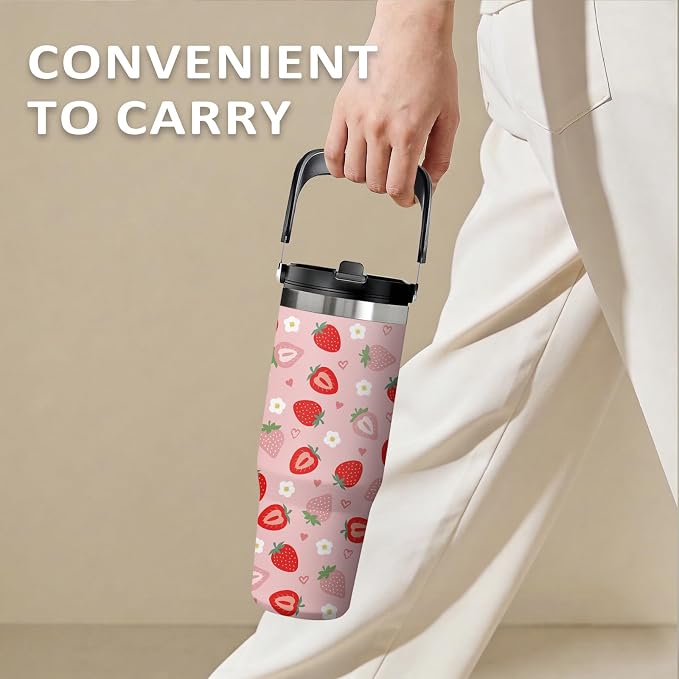 Red Strawberry Tumbler 30oz with Handle - Cute Strawberry Design Water Bottle, Insulated Stainless Steel Cup for Women & Girls, Leakproof Travel Mug, Sweet Birthday Gift for Her - Image 8
