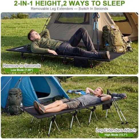 87" Extra Long Camping Cot, Heavy-Duty Aluminum Frame 440lbs, Black - Image 4