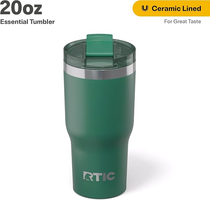 RTIC 20oz Essential Tumbler with Lid, Ceramic Lined, Insulated, Stainless Steel, Metal, Double Wall Vacuum-Insulation, Travel Cup for Iced Coffee, Tea, Hot and Cold Drink, Pine Tree - Image 2