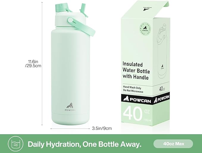 POWCAN 40 oz Insulated Water Bottle with 2-in-1 Straw and Spout Lid, Keep Cold 24H, Leak-Proof, BPA-Free, Double Wall Stainless Steel Water Bottle for Sports, Gym, Travel, and School (Mint) - Image 5