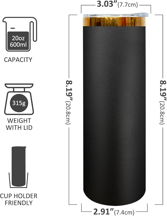20 oz Skinny Tumblers Stainless Steel Tumbler with Lid and Straw Double Wall Vacuum Insulated Coffee Mug 20oz Powder Coated Cup for Hot and Cold Drinks(Black,1 pack) - Image 2