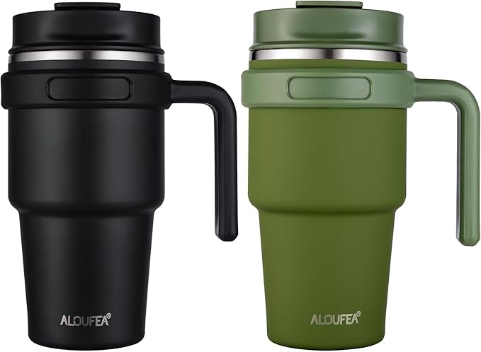 ALOUFEA 20 oz Insulated Coffee Mug Tumbler with Handle, Stainless Steel Travel Mug Tumbler with Lid and Straw,Double Wall Vacuum Leak Proof Ice Coffee Thermal Cup, Black and Army Green by ALOUFEA