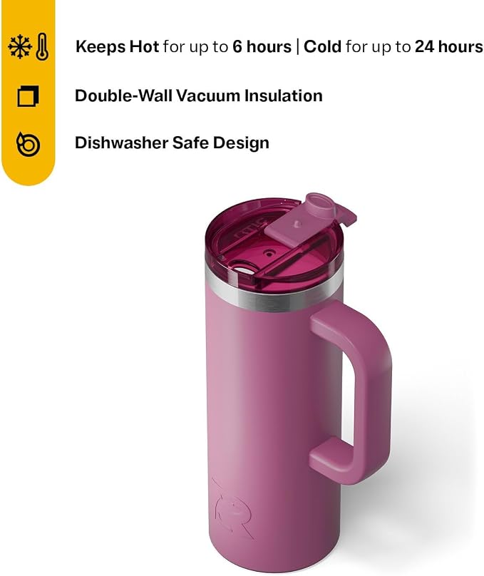 RTIC 20oz Road Trip Travel Mug with Lid and Handle, Ceramic Lined, Insulated, Stainless Steel, Metal, Double Wall Vacuum-Insulation, Portable Coffee, Tea Cup for Hot and Cold Drink, Orchid - Image 3