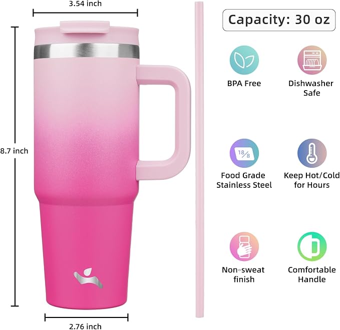 Konokyo 30 oz Tumbler with Handle and 2 Straws,2 in 1 Lid Insulated Water Bottle Stainless Steel Travel Coffee Mug,Cherry Blossoms - Image 4