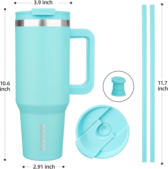 BJPKPK 40 oz Stainless Steel Tumbler With Handle Insulated Tumblers With 2 Straw Travel Coffee Mug With Lid,Turquoise - Image 3