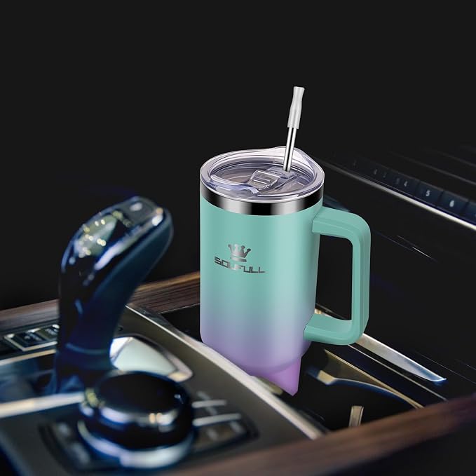 40 oz Tumbler with Handle and Straw Lid, 100% Leak-proof Travel Coffee Mug, Stainless Steel Insulated Cup for Hot Cold Beverages, Keeps Cold for 34Hrs or Hot for 10Hrs, Dishwasher Safe (GreenPurple) - Image 8