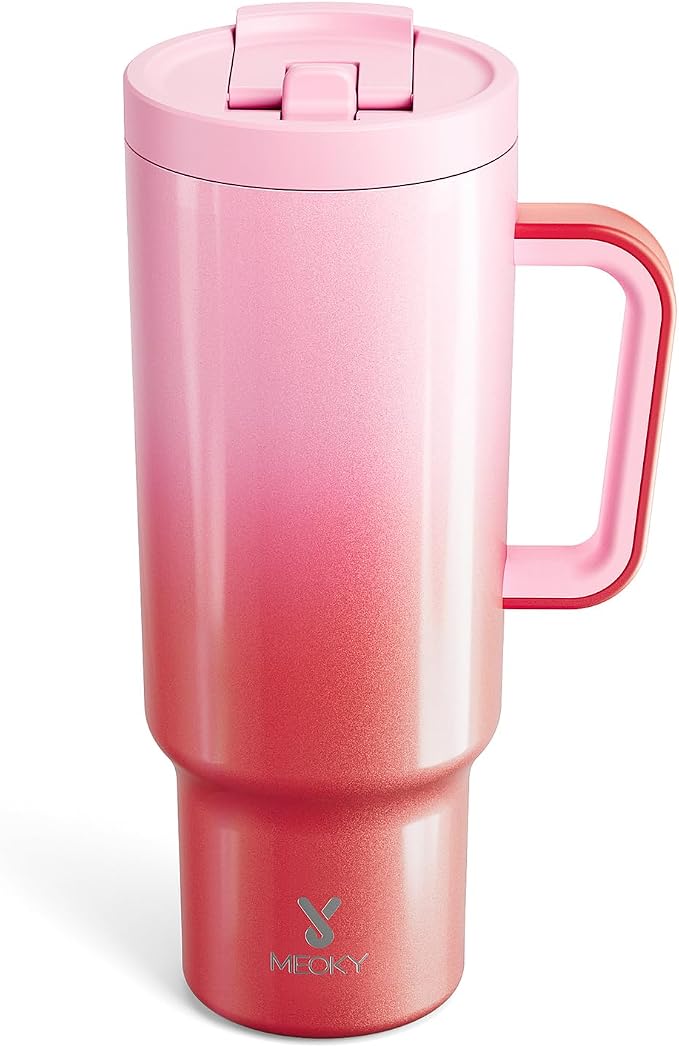Meoky 40 oz Tumbler with Handle and Flip Straw, 100% Leakproof Tumbler with Lid and Straw, Stainless Steel Insulated Cup, Cupholder Friendly, Keeps Cold for 34 Hours (Flamingo) by MEOKY