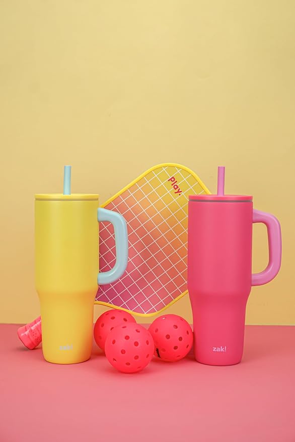Zak Designs Sutton Travel Tumbler for On the Go, 40oz Stainless Steel with Vacuum Insulation, Silicone Straw, and Carry Handle for Cold Drinks (Razzberry Pink) - Image 10