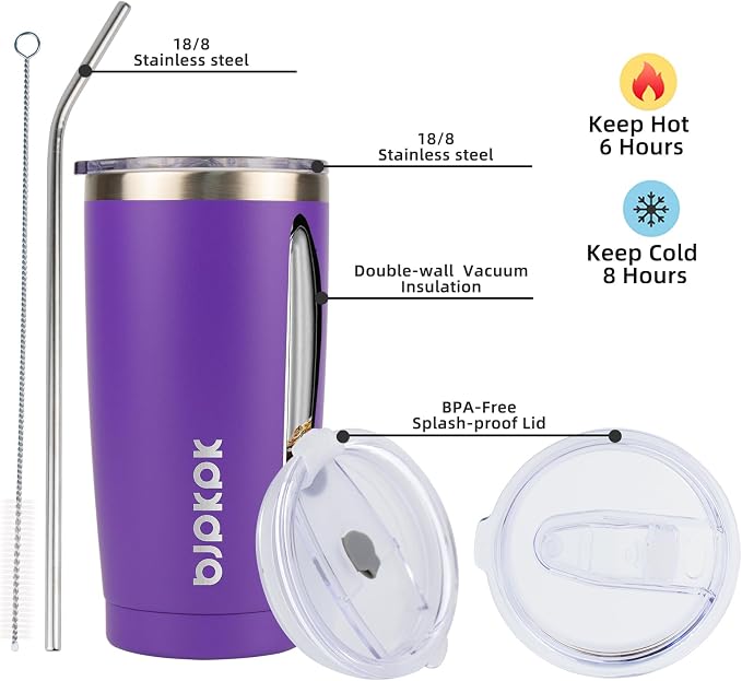BJPKPK Purple Insulated Tumbler With Lid And Straw 20 oz Stainless Steel Tumblers Coffee Thermal Cup - Image 2