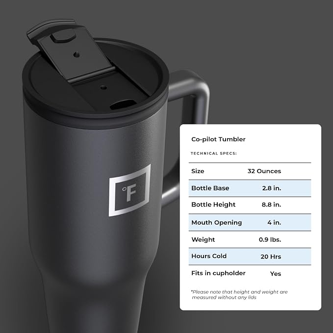 IRON °FLASK Co-Pilot Insulated Mug w/Straw & Flip Cap Lids - Cup Holder Bottle for Hot, Cold Drink - Leak-Proof - Water, Coffee Portable Travel Mug -, 32 Oz - Image 9