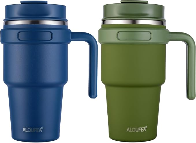ALOUFEA 20 oz Insulated Coffee Mug Tumbler with Handle, Stainless Steel Travel Mug Tumbler with Lid and Straw,Double Wall Vacuum Leak Proof Ice Coffee Thermal Cup, Navy and Army Green by ALOUFEA