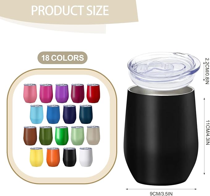 YOUKE OLA 18 Pack Stainless Steel Wine Tumbler with lid, 12oz Insulated Wine Tumbler Stemless Double Wall Vacuum Wine Glass Coffee Tumbler Bulk for Coffee, Wine, Cocktails, Champaign, 18 Colors - Image 2