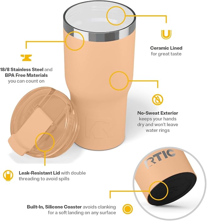 RTIC 20oz Essential Tumbler with Lid, Ceramic Lined, Insulated, Stainless Steel, Metal, Double Wall Vacuum-Insulation, Travel Cup for Iced Coffee, Tea, Hot and Cold Drink, Peach Tea - Image 4