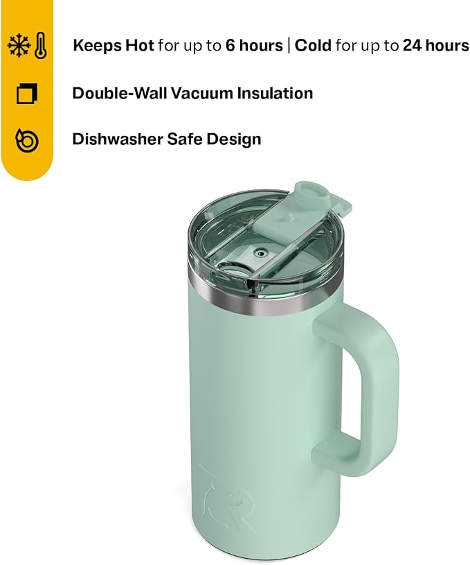 RTIC 16oz Road Trip Travel Mug with Lid and Handle, Ceramic Lined, Insulated, Stainless Steel, Metal, Double Wall Vacuum-Insulation, Portable Coffee, Tea Cup for Hot and Cold Drink, Fresh Mint - Image 2