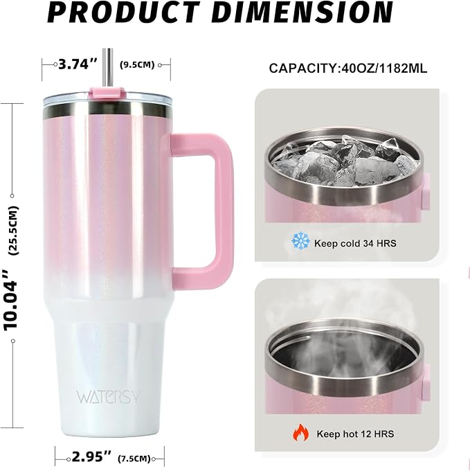 40 oz Shiny Tumbler with Handle and Straw,Stainless Steel Tumbler with Lid and Straw,Insulated Travel Mug(Cold for 34 Hours),Water Bottle for Iced Tea,Coffee (Pink) - Image 3