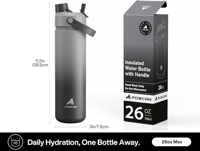 POWCAN 26 oz Insulated Water Bottle with 2-in-1 Straw and Spout Lid, Keep Cold 24H, Leak-Proof, Fits in Car Cup Holder, Stainless Steel Water Bottle for Sports, Travel, Gym, and School (Obsidian) - Image 6