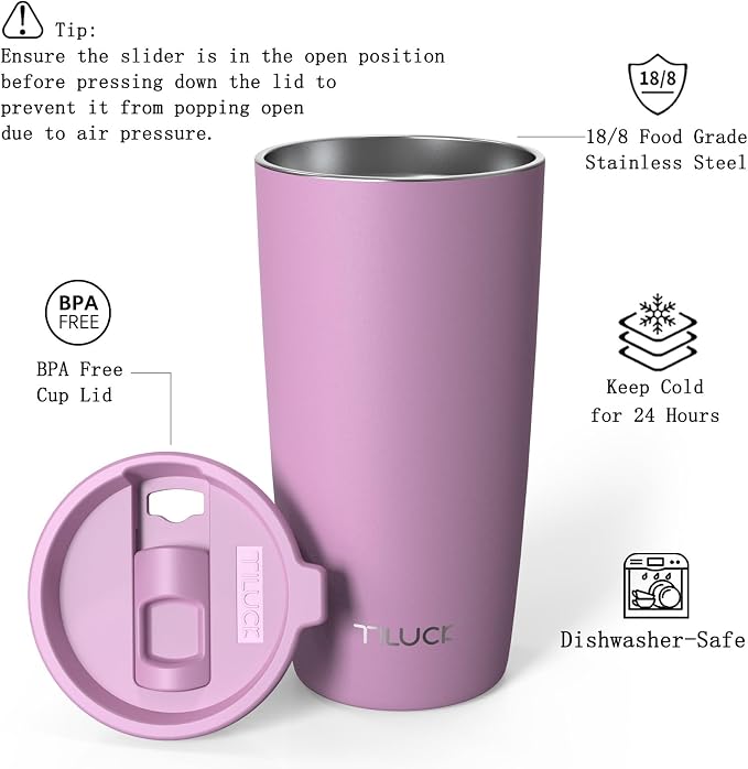 TILUCK 20 oz Insulated Tumbler with BPA-Free Lid, Stainless Steel Vacuum Travel Coffee Mug, Double Wall Coffee Tumbler（20oz，Matte Lilac） - Image 2