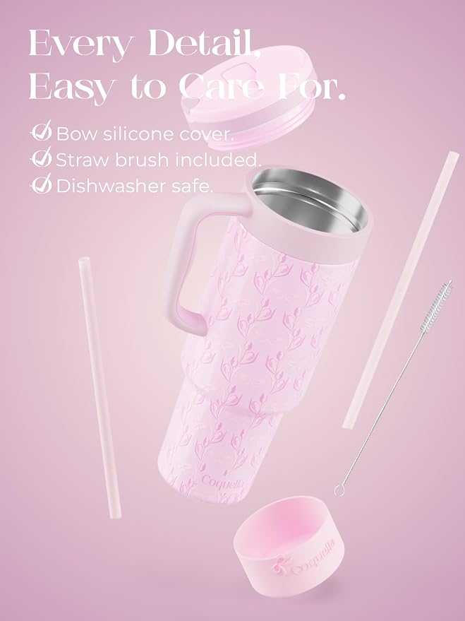 40 oz Insulated Tumbler with Handle and Push-Button Straw Lid, Stainless Steel Travel Cup for Gym Office, Leakproof, BPA-Free, Cup Holder Friendly, Bow Silicone Boot, Purple (Tulip Lilac) - Image 6
