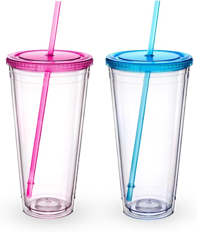 Zukro Clear Acrylic Tumbler with Straw and Lid 32 oz, Double Walled Insulated Reusable Plastic Iced Coffee Cup, To Go Cup Perfect for Parties, Birthdays, Fit in Cupholder, BPA Free, Red & Blue 2 Pack by ZukroDrinkware