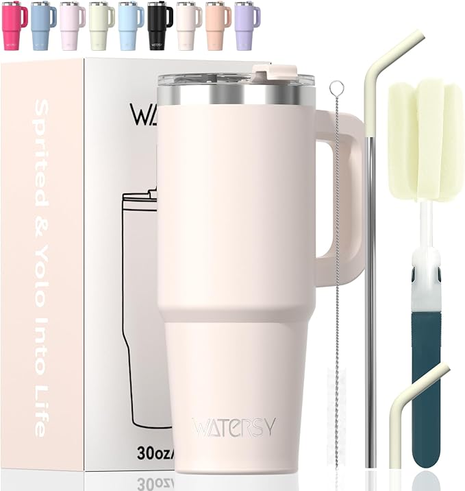 30 oz Tumbler with Handle,Tumbler with Lid and Straw,Double Wall Insulated Cup Stainless Steel Travel Mug(Cold for 34 Hours),Water Bottle for Iced Tea,Coffee,Cold Beverages(Ivory Beige) by Watersy