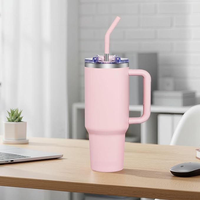 COKTIK 40 oz Tumbler With Handle and Straw, Insulated Tumbler With Leakproof Lids, Stainless Steel|BPA-Free, Cold for 24 H (Blush) - Image 7