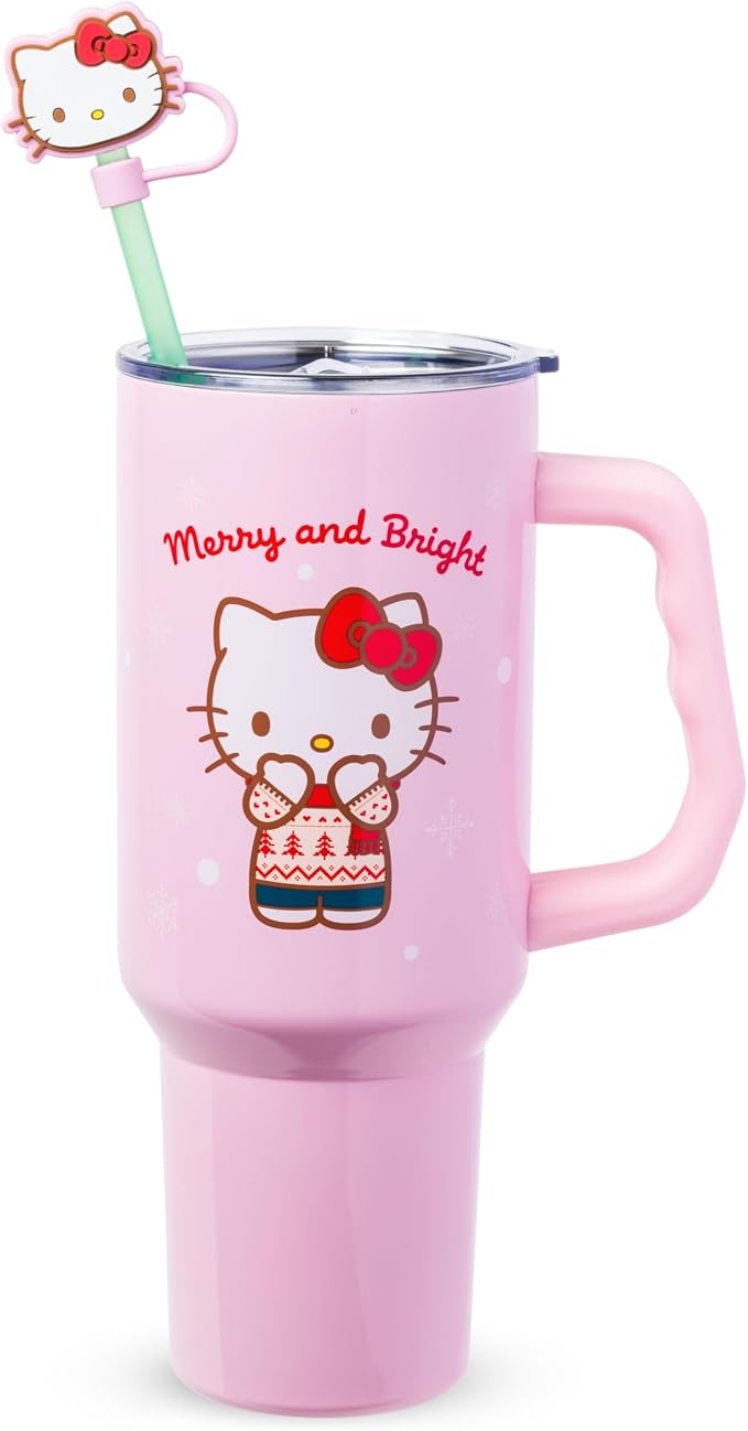 Silver Buffalo Sanrio Hello Kitty Christmas Holiday Sweater Merry and Bright Double Walled Stainless Steel Tumbler with Handle, Straw, and Straw Cap, Fits in Standard Cup Holder, 40 Ounces by SilverBuffalo