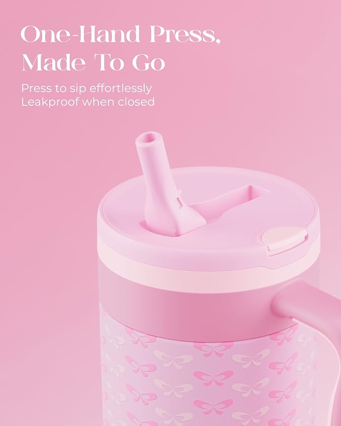 40 oz Insulated Tumbler with Handle and Push-Button Straw Lid, Stainless Steel Travel Cup for Gym Office, Leakproof, BPA-Free, Cup Holder Friendly, Bow Silicone Boot, Pink (Coquette Candy) - Image 3